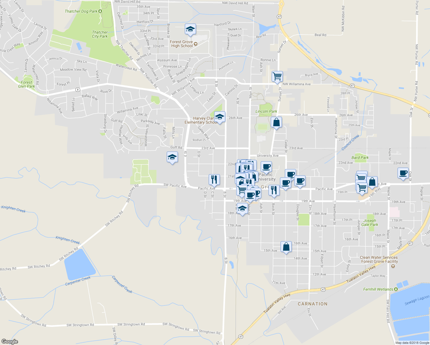 map of restaurants, bars, coffee shops, grocery stores, and more near 2111 C Street in Forest Grove
