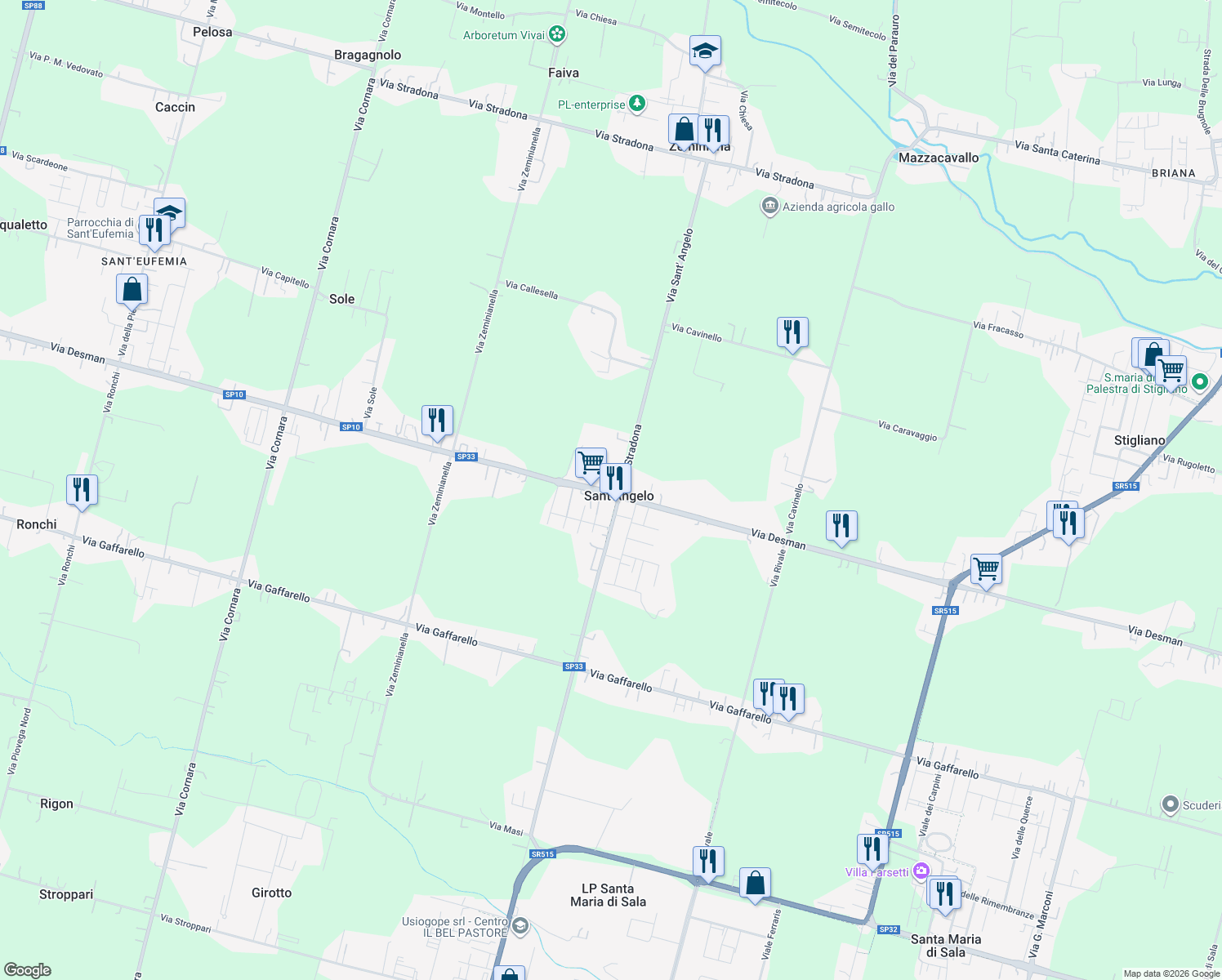 map of restaurants, bars, coffee shops, grocery stores, and more near 140 Via Desman in Sant'Angelo