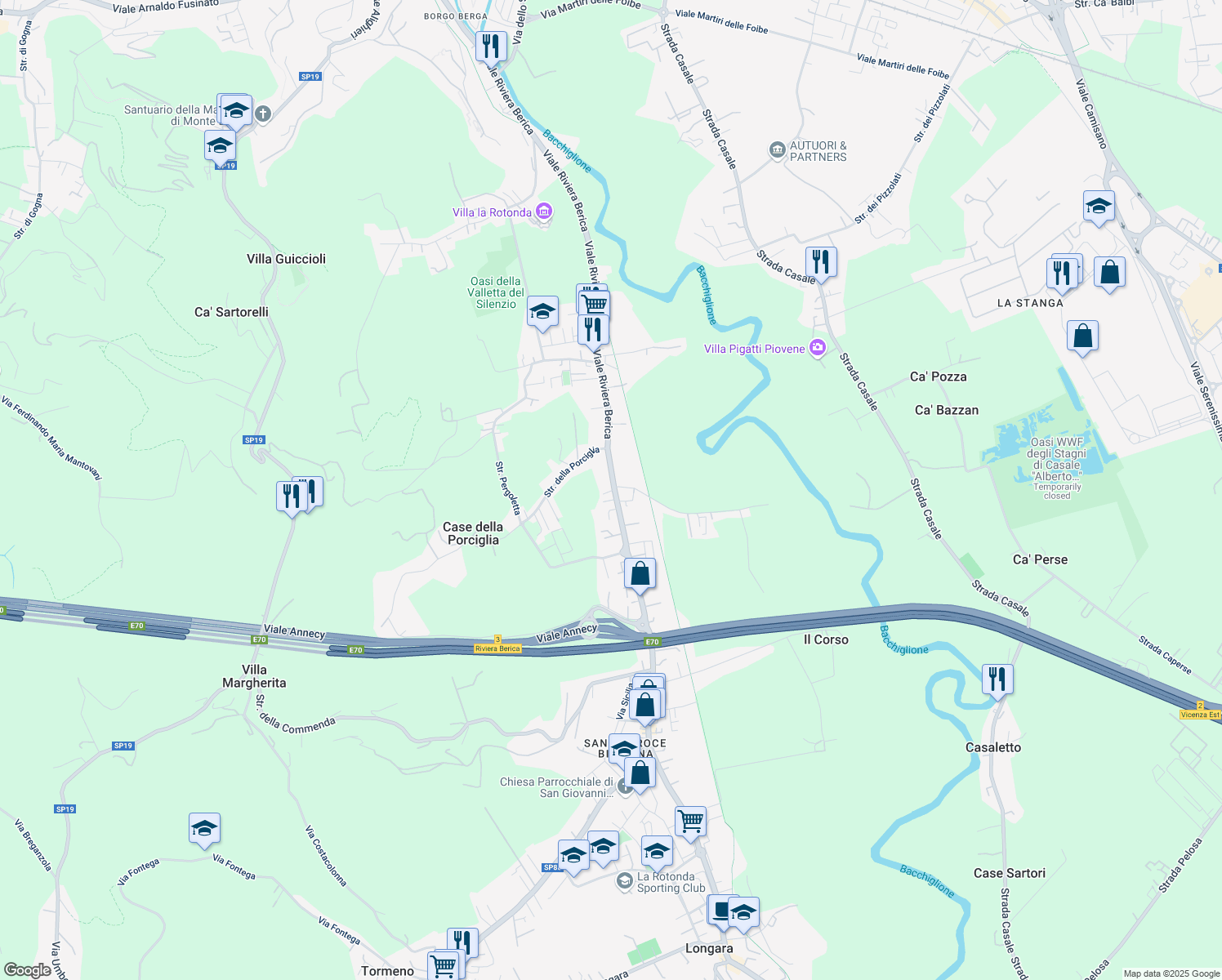 map of restaurants, bars, coffee shops, grocery stores, and more near 200 Viale Riviera Berica in Vicenza