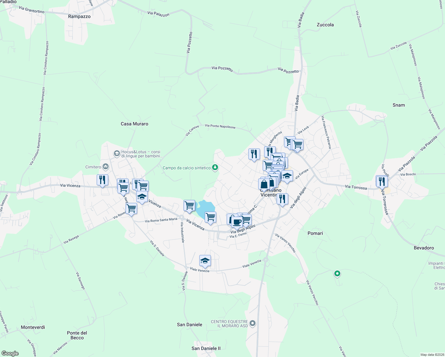 map of restaurants, bars, coffee shops, grocery stores, and more near 114 Via Cavalieri di Vittorio Veneto in Provincia di Vicenza