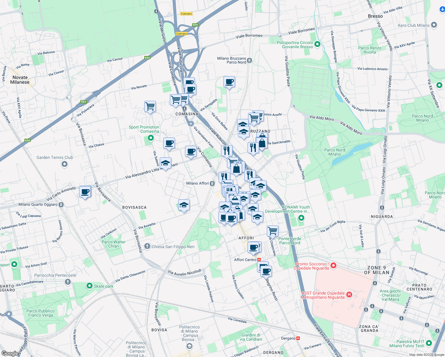 map of restaurants, bars, coffee shops, grocery stores, and more near 4 Via Terracina in Milano