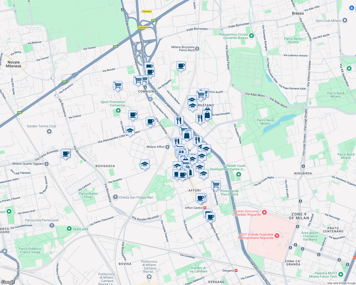 map of restaurants, bars, coffee shops, grocery stores, and more near 4 Via Privata Terracina in Milano