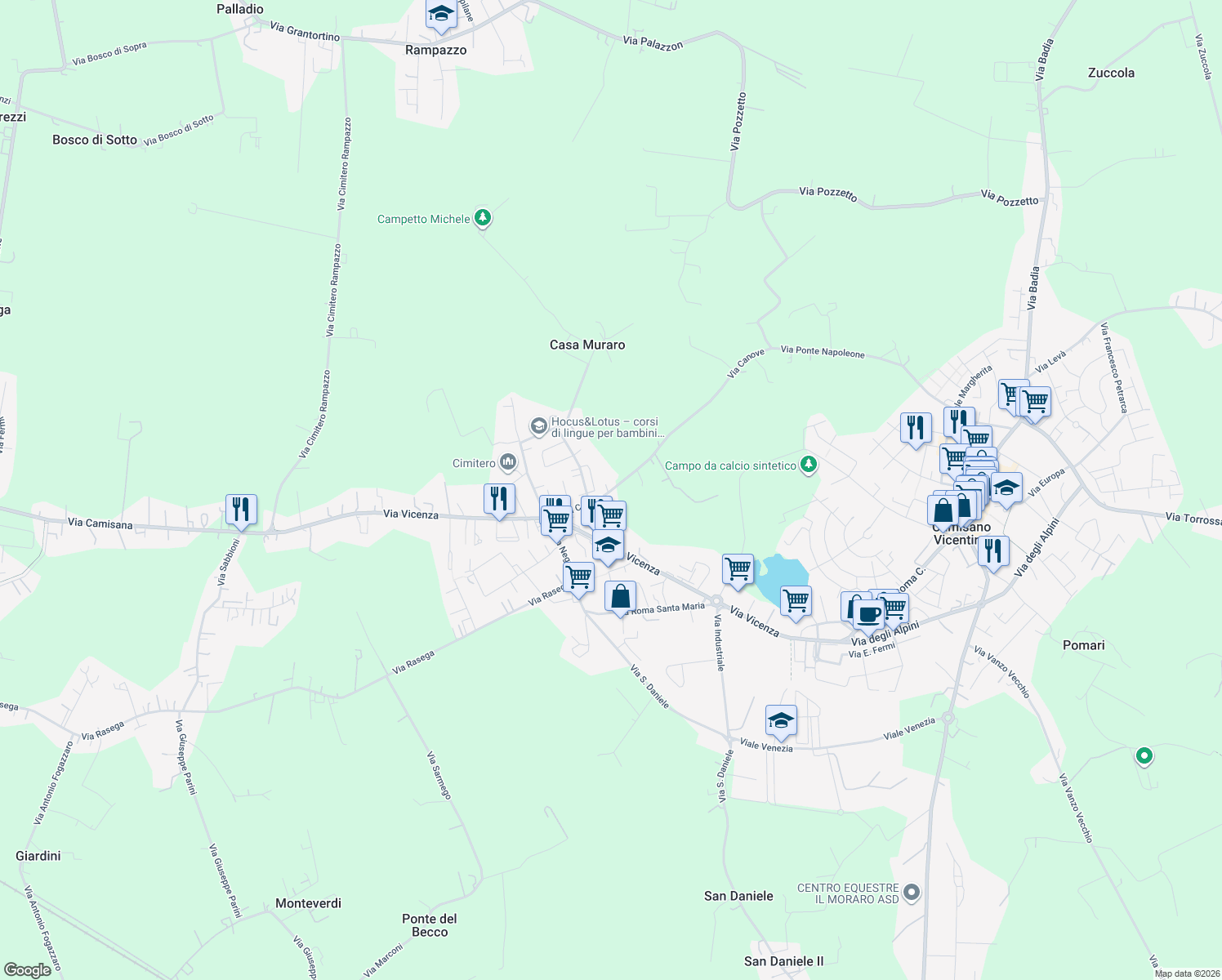 map of restaurants, bars, coffee shops, grocery stores, and more near 15 Via Canove in Camisano Vicentino