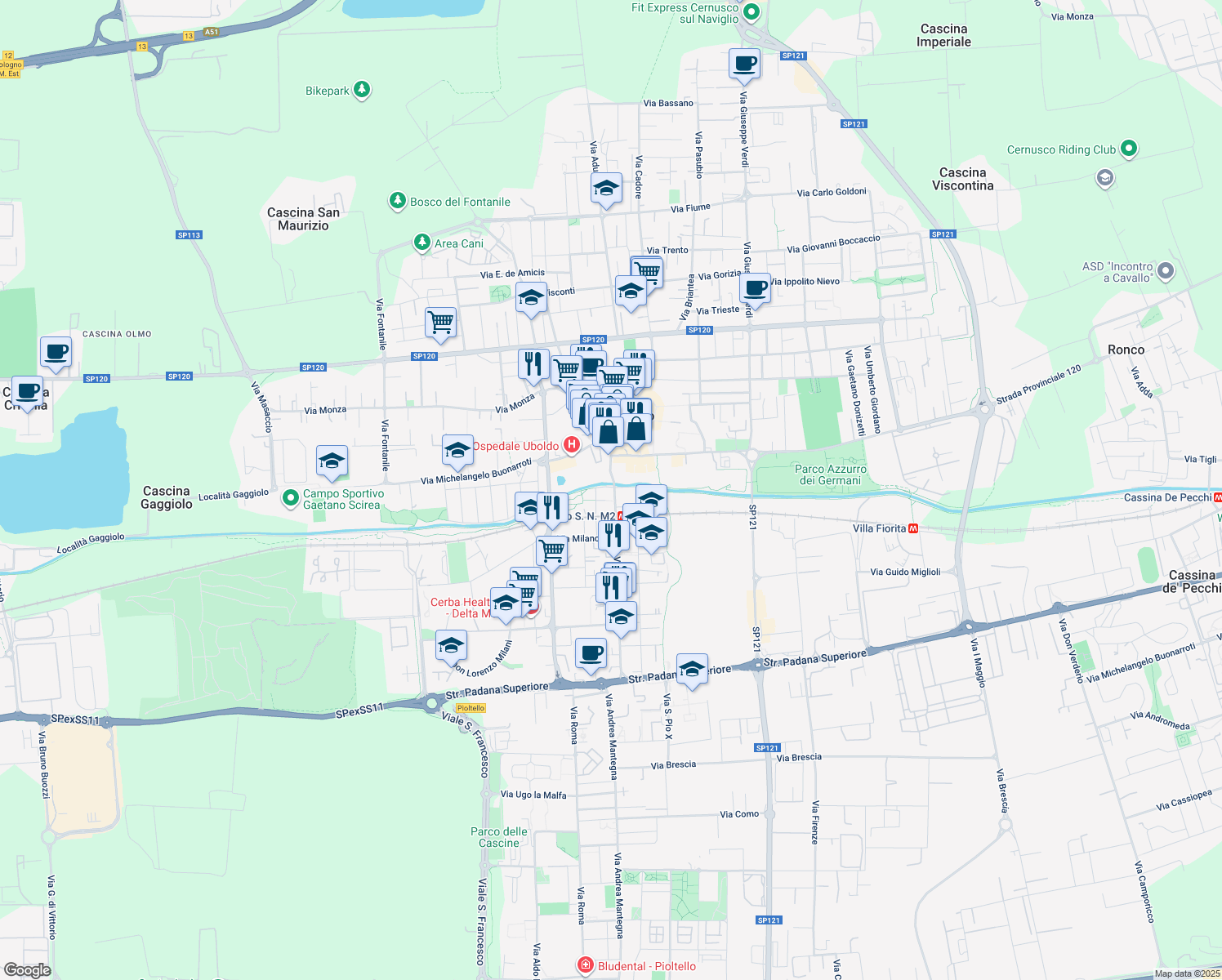 map of restaurants, bars, coffee shops, grocery stores, and more near 25 Via della Martesana in Cernusco sul Naviglio