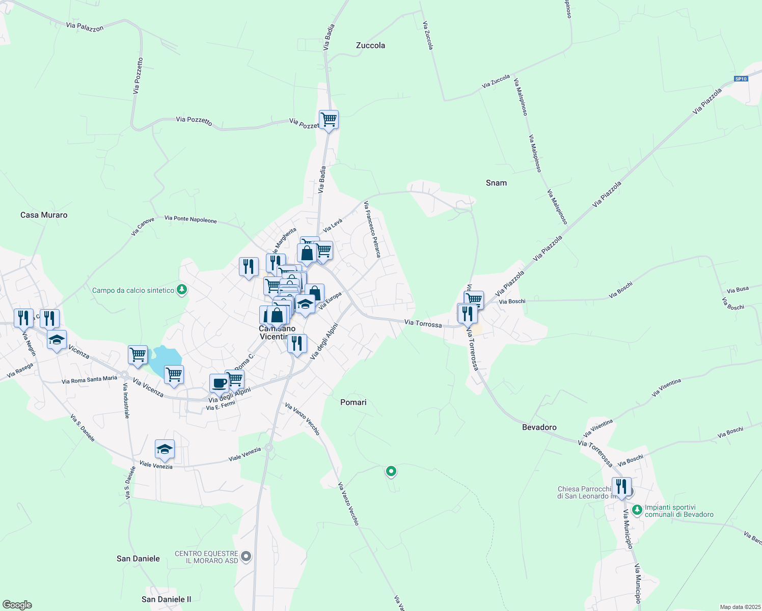 map of restaurants, bars, coffee shops, grocery stores, and more near 72 Via Filanda in Camisano Vicentino