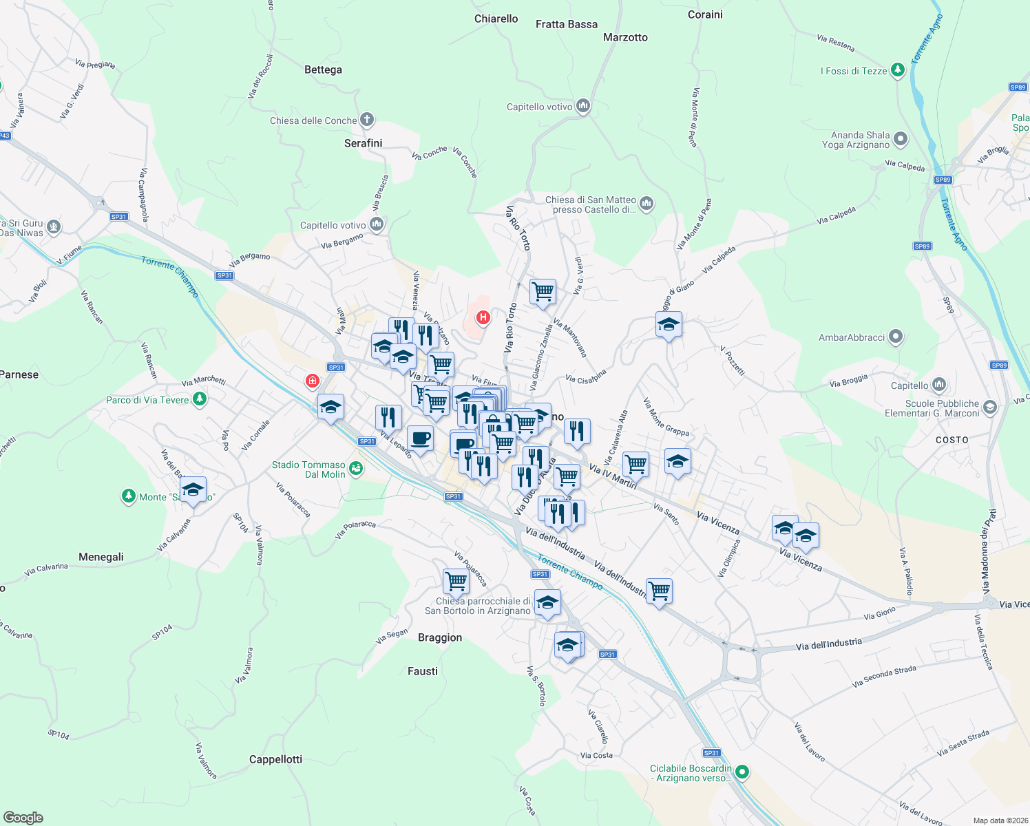 map of restaurants, bars, coffee shops, grocery stores, and more near 40 Via Luigi Cazzavillan in Arzignano