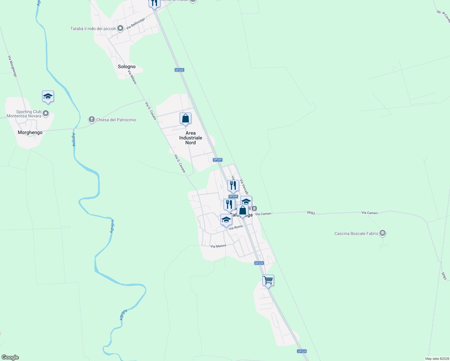 map of restaurants, bars, coffee shops, grocery stores, and more near 81 SP229 in Caltignaga