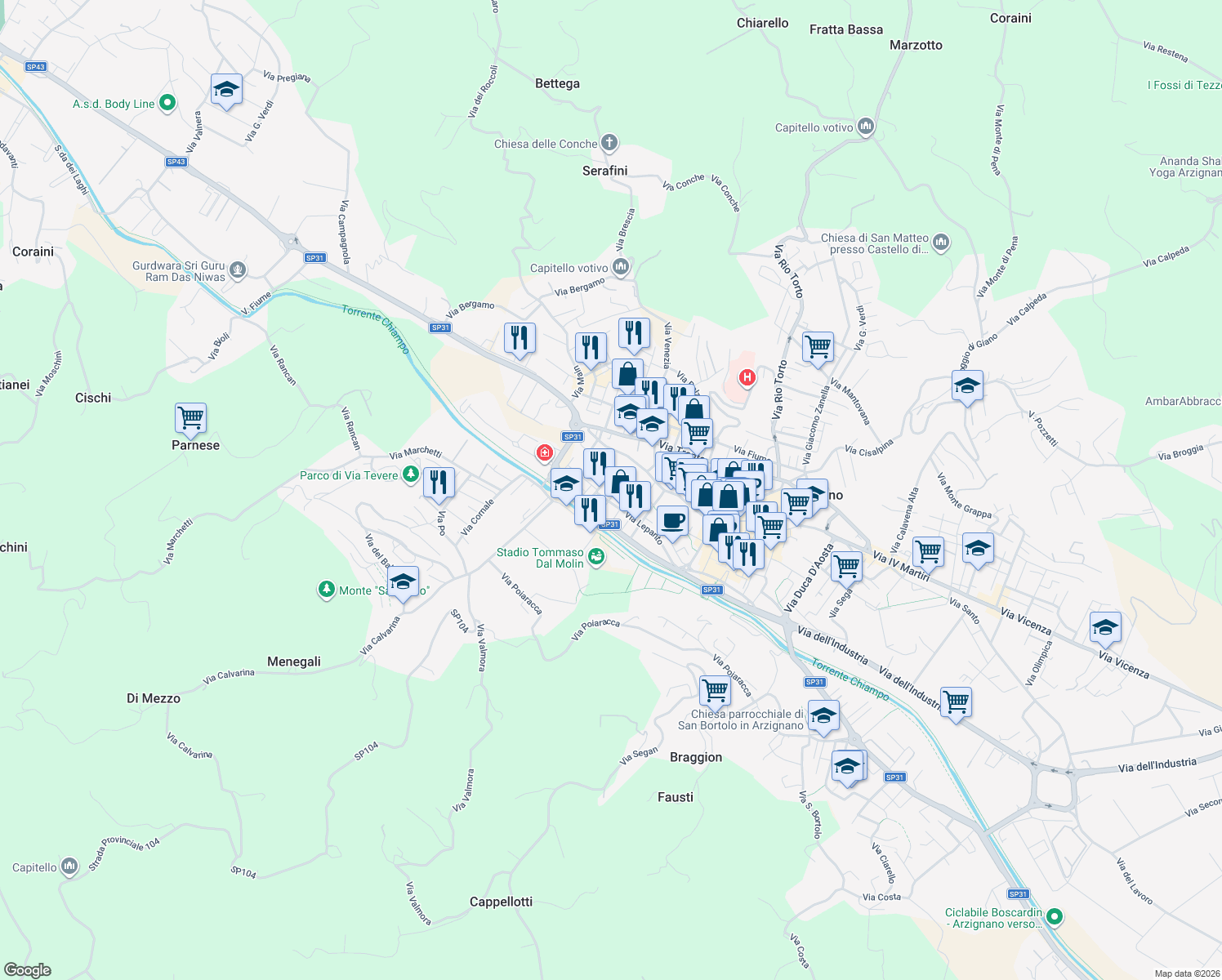 map of restaurants, bars, coffee shops, grocery stores, and more near 7 Via Solferino in Arzignano