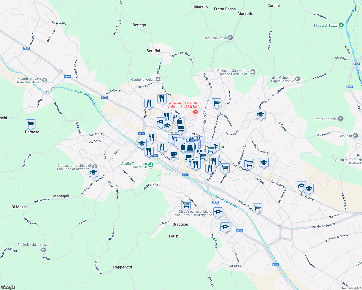 map of restaurants, bars, coffee shops, grocery stores, and more near 19 Via Trieste in Arzignano