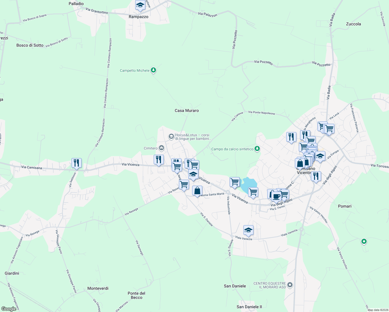 map of restaurants, bars, coffee shops, grocery stores, and more near 15 Via Canove in Camisano Vicentino