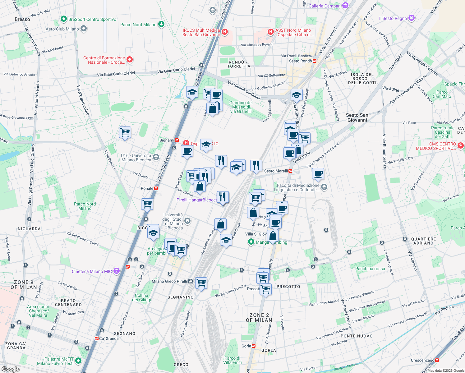 map of restaurants, bars, coffee shops, grocery stores, and more near 2 Via Chiese in Milano