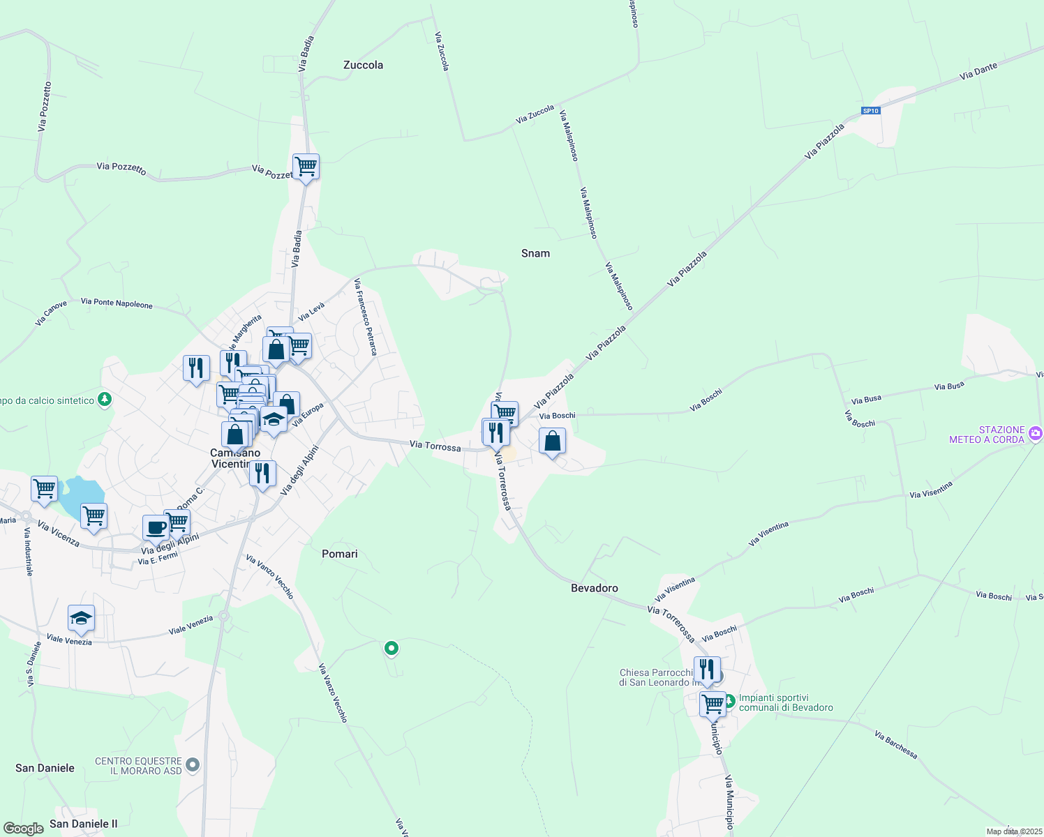 map of restaurants, bars, coffee shops, grocery stores, and more near 151 Via Torrossa in Camisano Vicentino