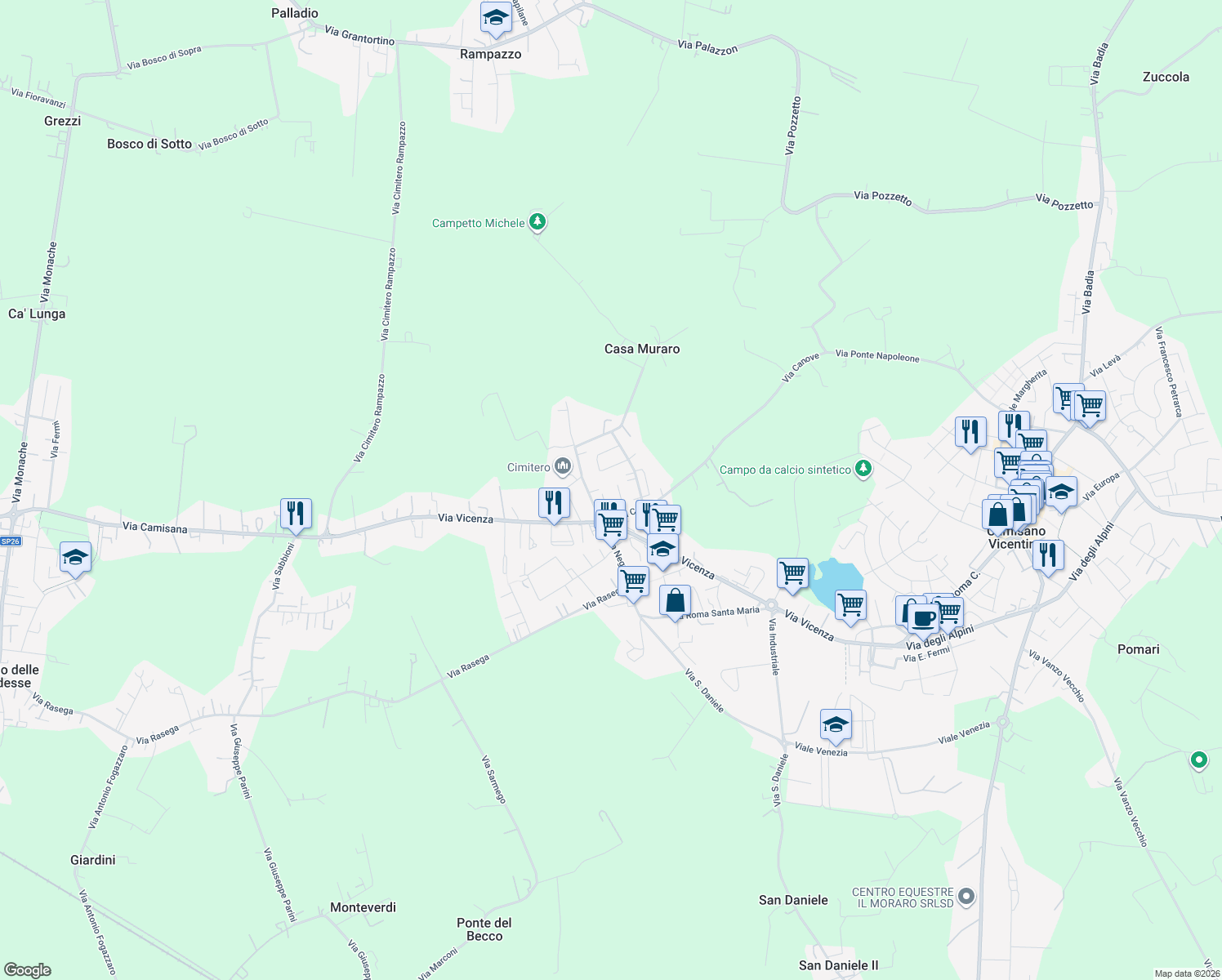 map of restaurants, bars, coffee shops, grocery stores, and more near 17 Via Gandhi in Camisano Vicentino