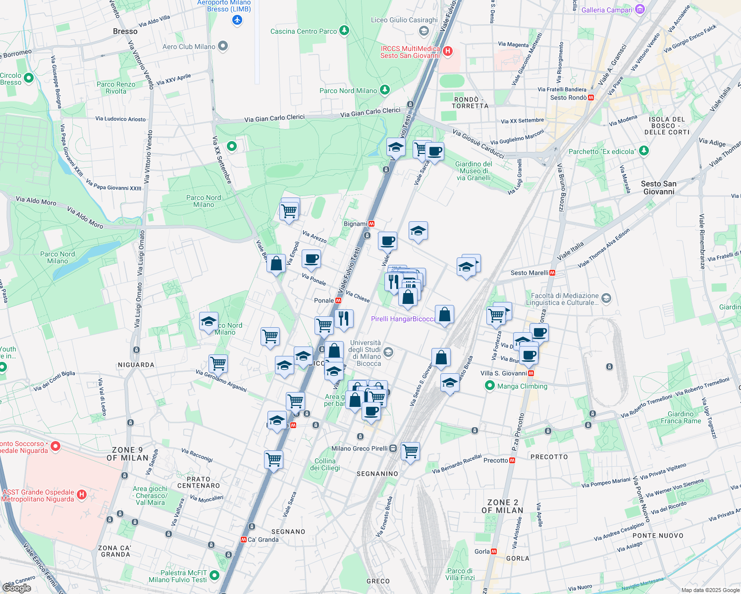 map of restaurants, bars, coffee shops, grocery stores, and more near 235 Viale Sarca in Milano