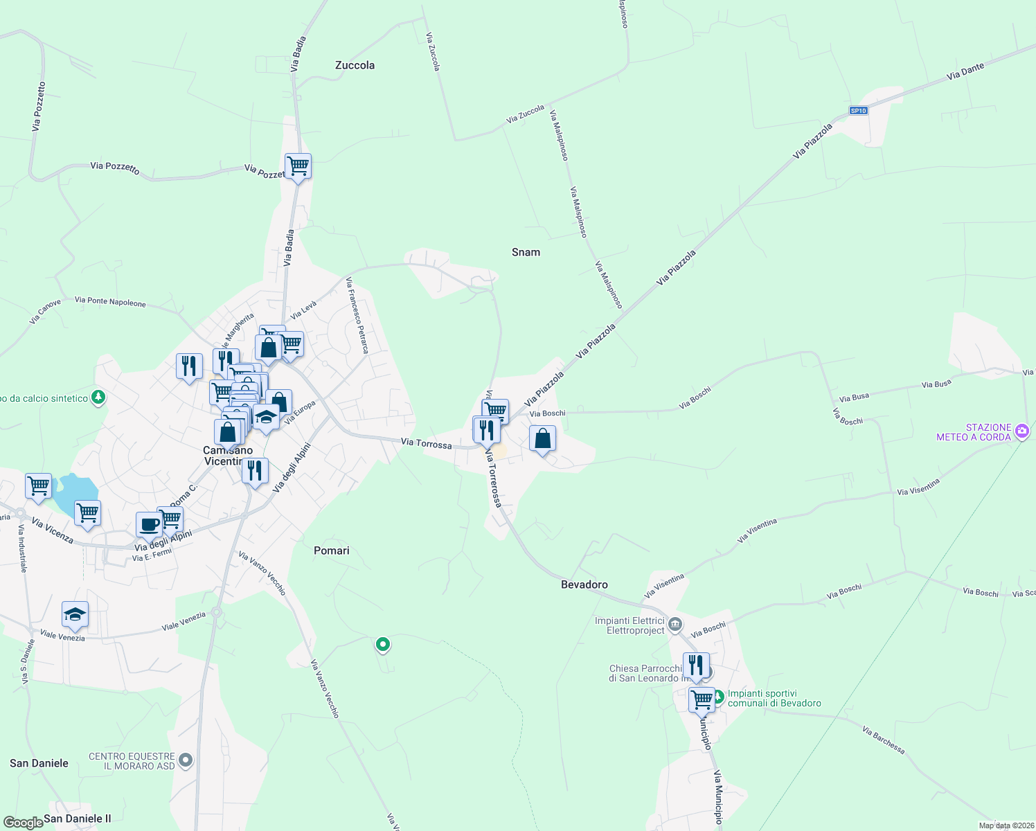 map of restaurants, bars, coffee shops, grocery stores, and more near 151 Via Torrossa in Camisano Vicentino