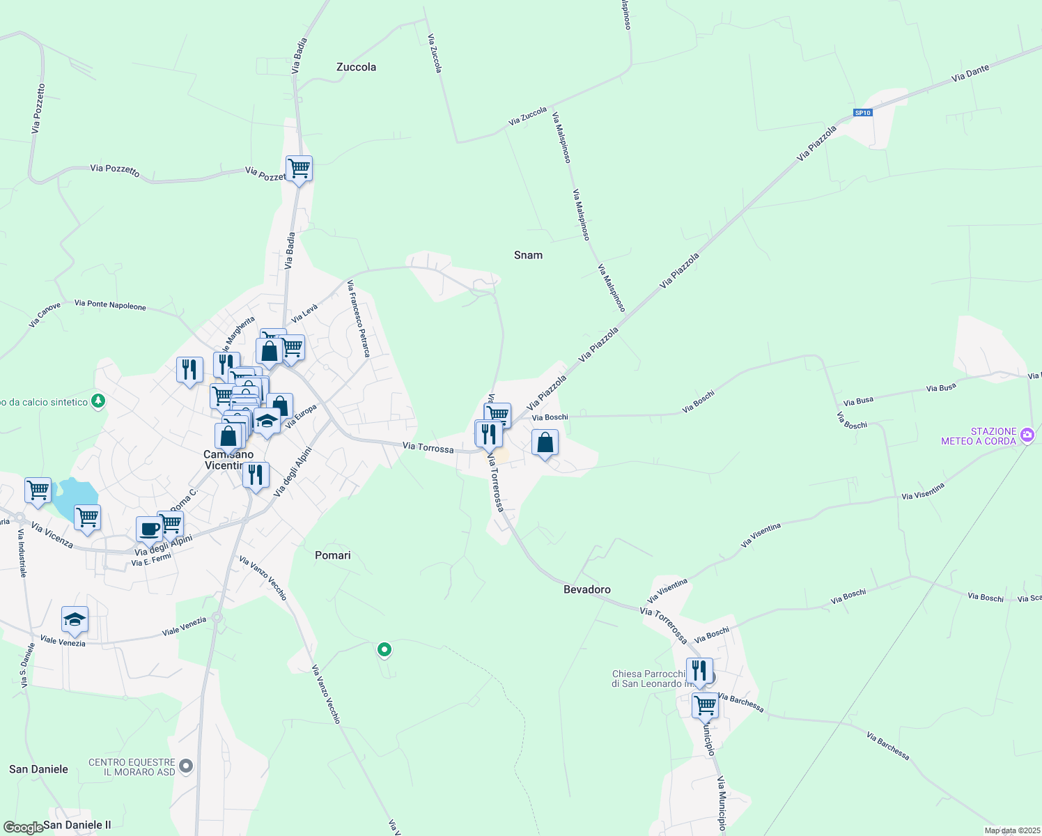 map of restaurants, bars, coffee shops, grocery stores, and more near 151 Via Torrossa in Camisano Vicentino