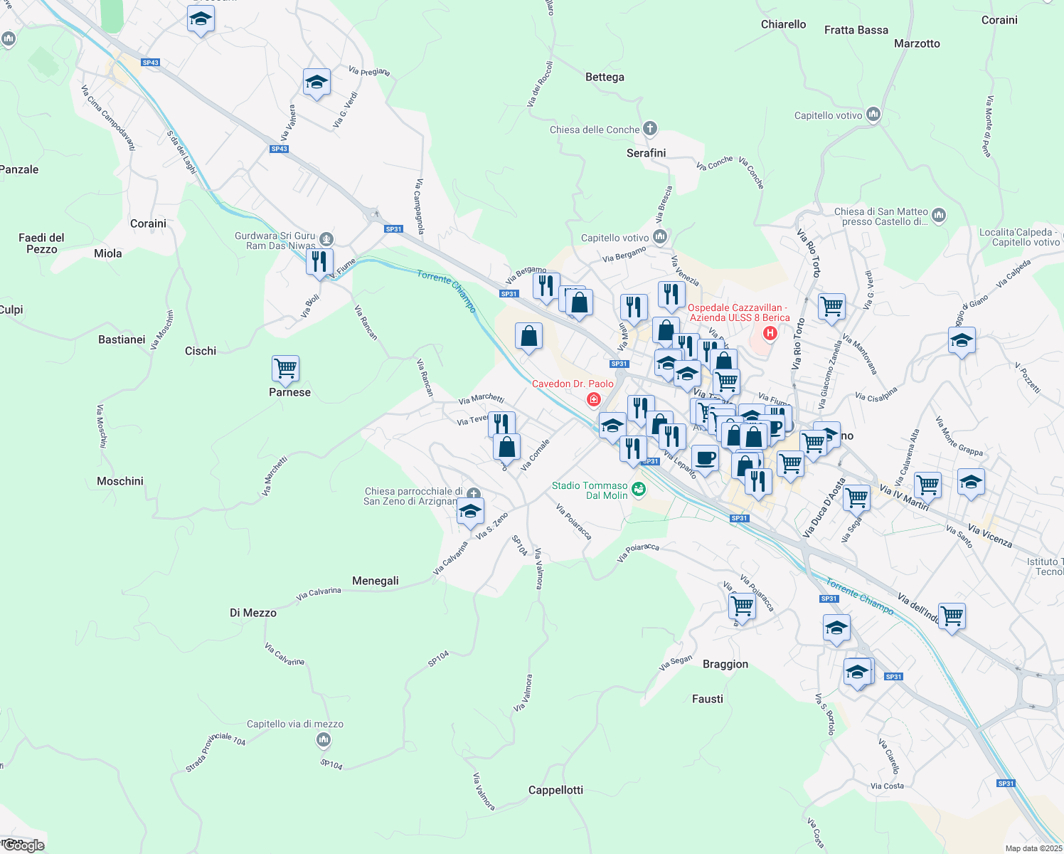 map of restaurants, bars, coffee shops, grocery stores, and more near 19 Via Isarco in Arzignano