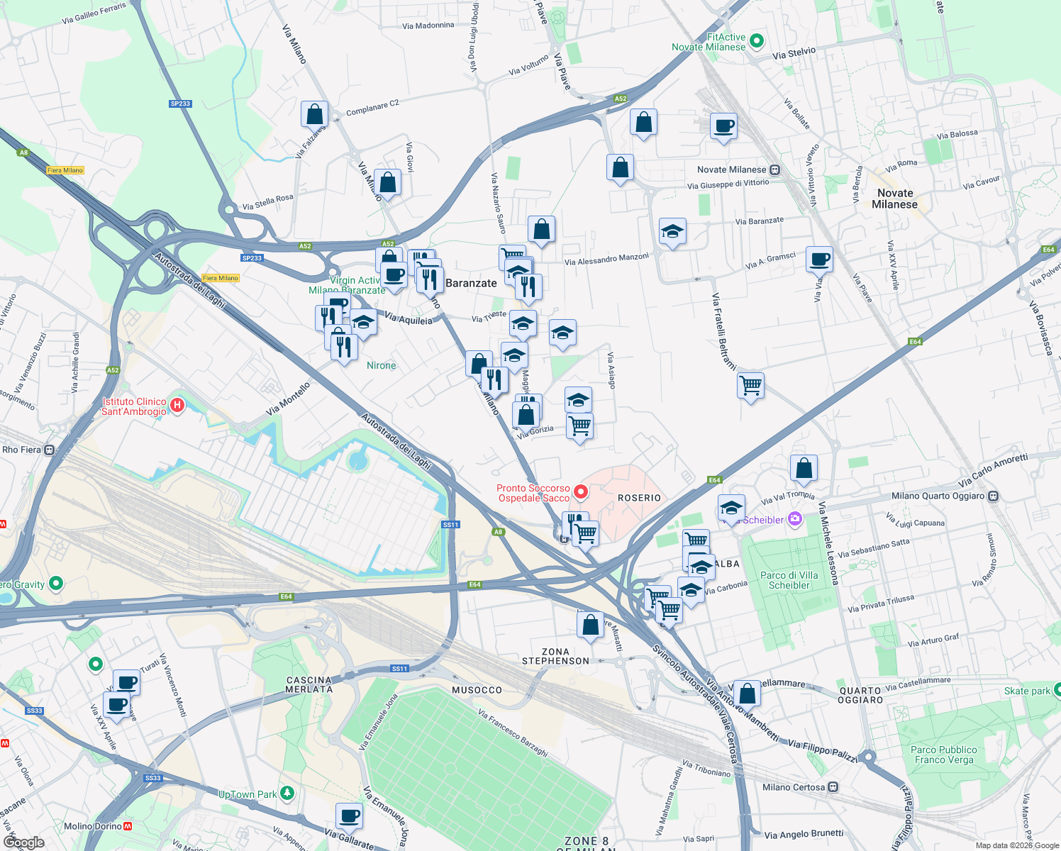 map of restaurants, bars, coffee shops, grocery stores, and more near 65 Via 1 Maggio in Baranzate