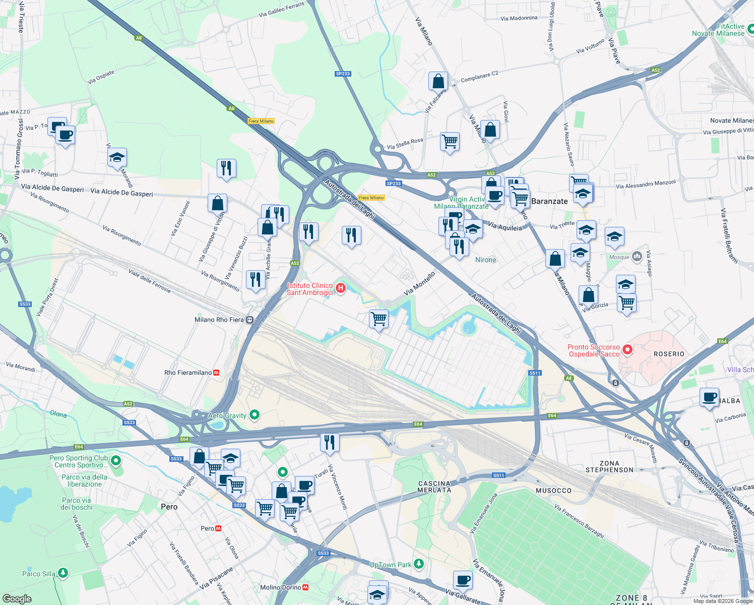 map of restaurants, bars, coffee shops, grocery stores, and more near 171 Via Cristina Belgioioso in Città metropolitana di Milano