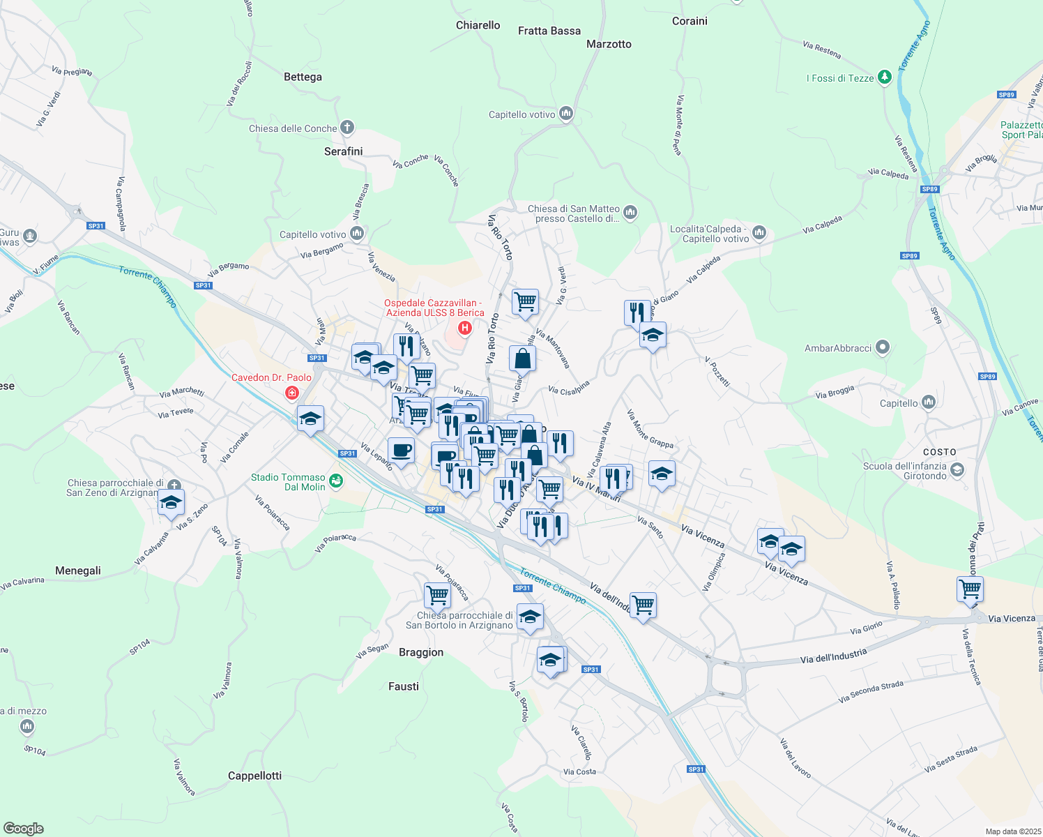 map of restaurants, bars, coffee shops, grocery stores, and more near 16 Via Gianfranco Volpato in Arzignano