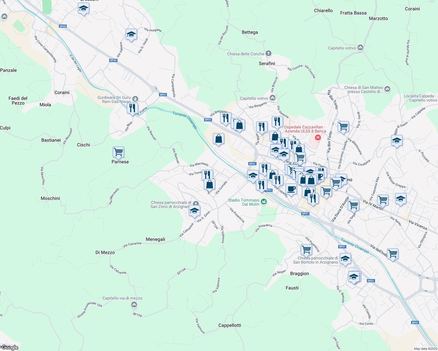 map of restaurants, bars, coffee shops, grocery stores, and more near 19 Via Isarco in Arzignano
