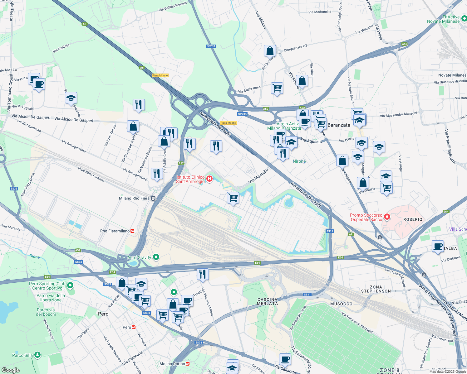 map of restaurants, bars, coffee shops, grocery stores, and more near 171 Via Cristina Belgioioso in Città metropolitana di Milano
