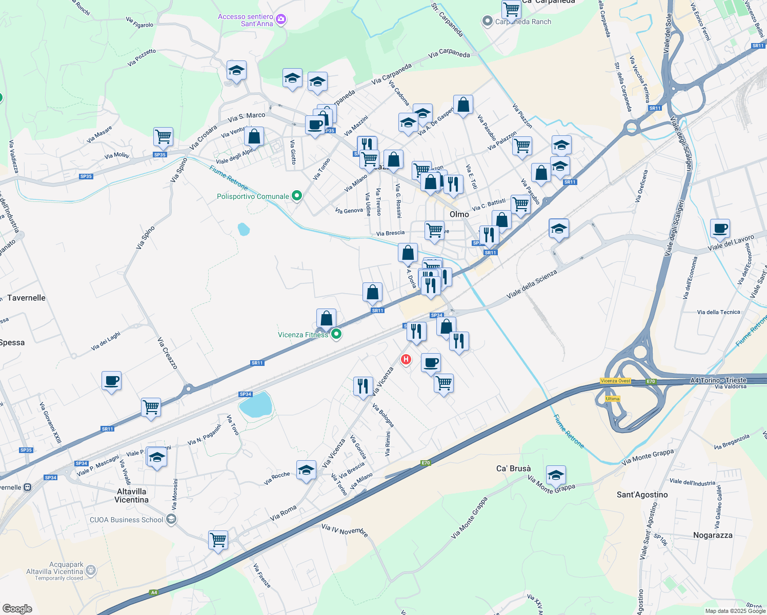 map of restaurants, bars, coffee shops, grocery stores, and more near Strada Statale 11 in Province of Vicenza