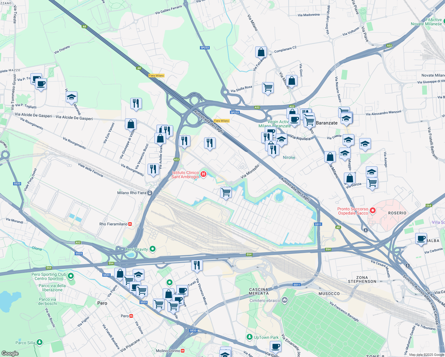 map of restaurants, bars, coffee shops, grocery stores, and more near 173 Via Cristina Belgioioso in Rho