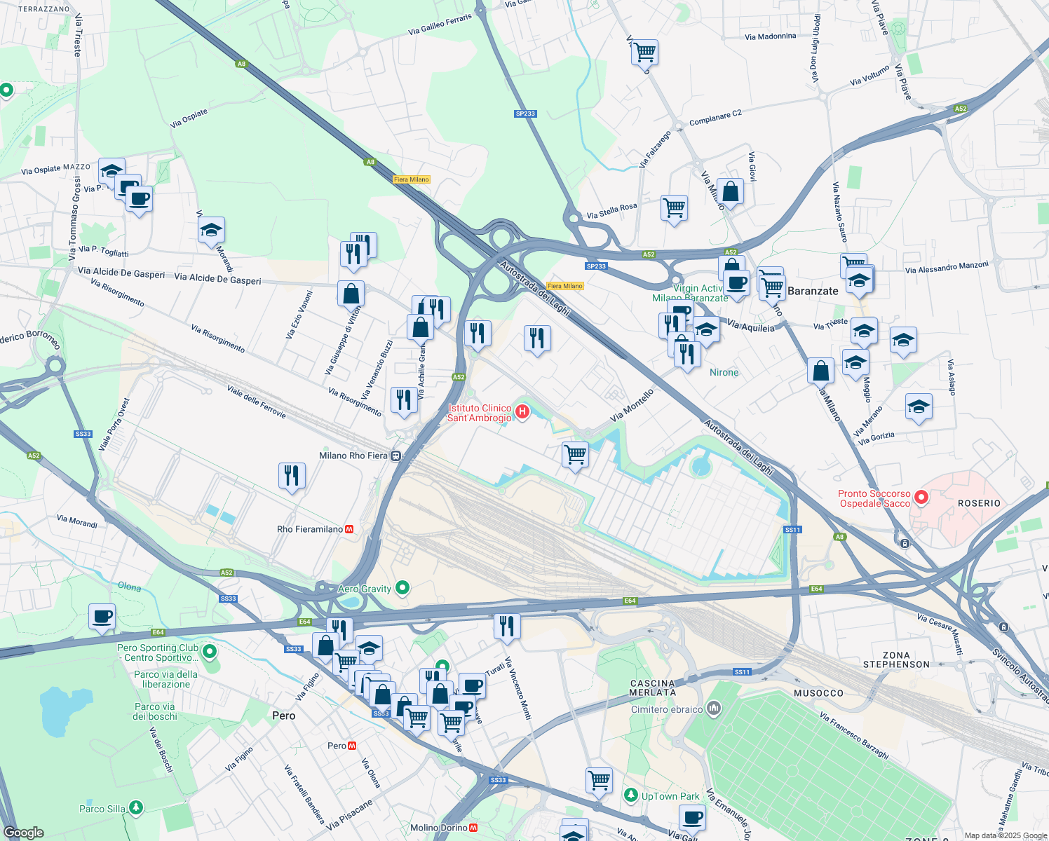 map of restaurants, bars, coffee shops, grocery stores, and more near 173 Via Cristina Belgioioso in Rho