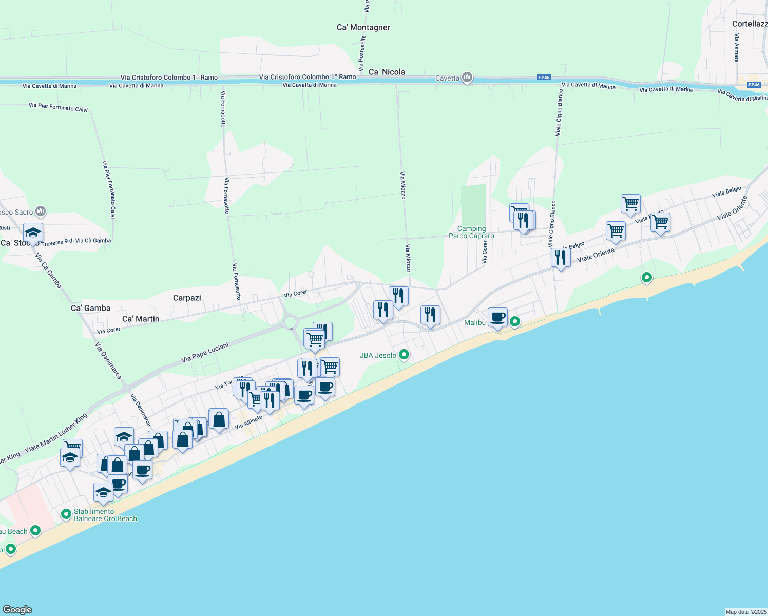 map of restaurants, bars, coffee shops, grocery stores, and more near 19 Via Gattamelata in Lido di Jesolo