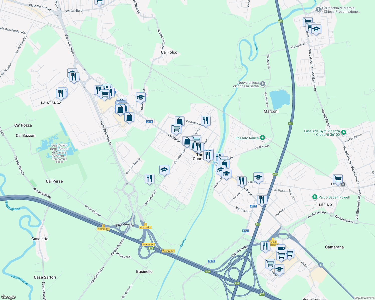 map of restaurants, bars, coffee shops, grocery stores, and more near in Torri di Quartesolo