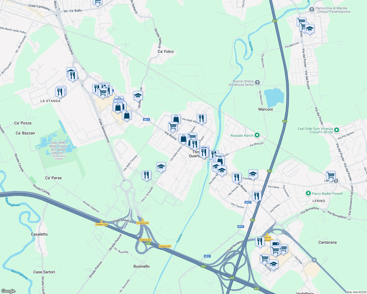 map of restaurants, bars, coffee shops, grocery stores, and more near in Torri di Quartesolo