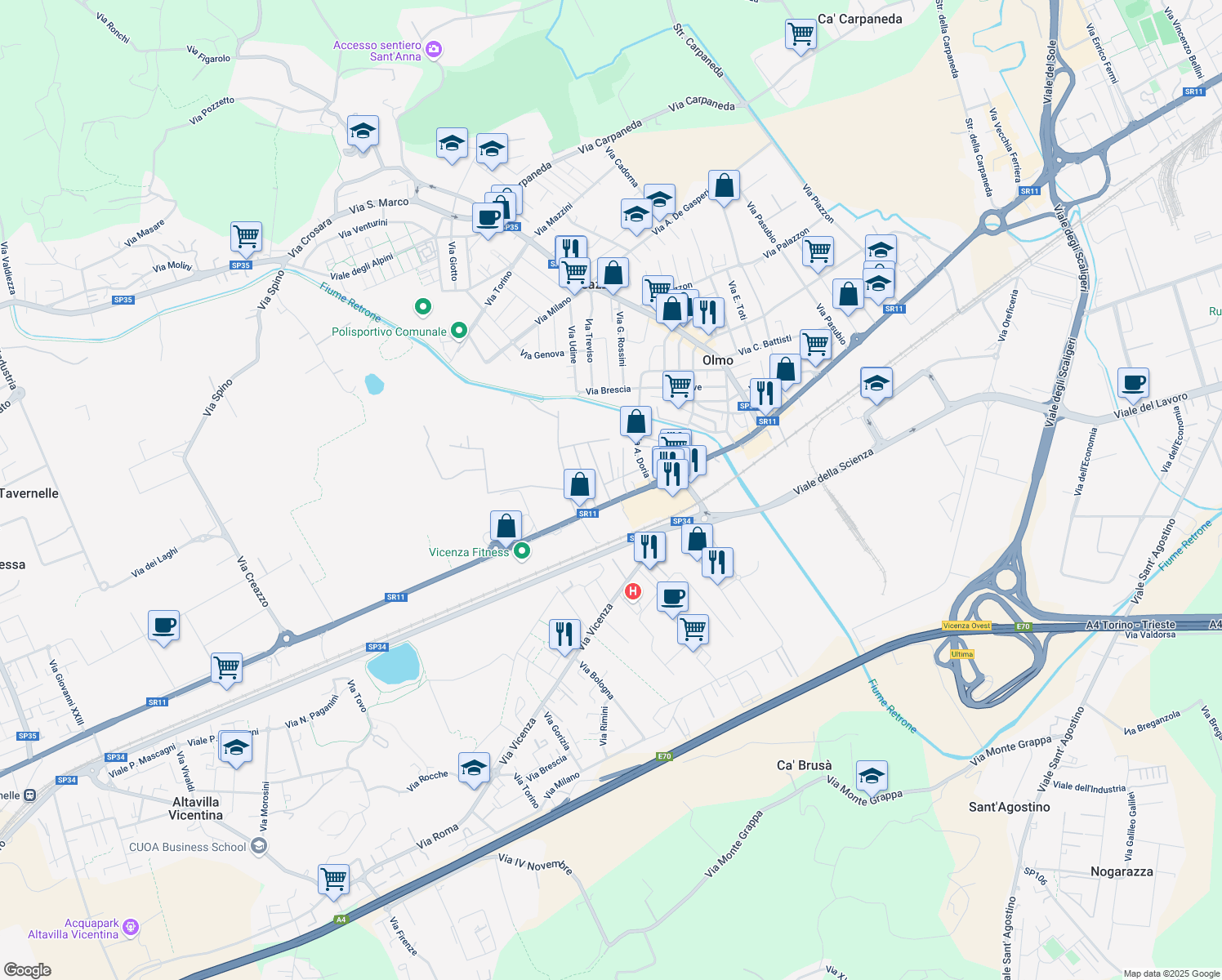 map of restaurants, bars, coffee shops, grocery stores, and more near 14 Via Marco Polo in Creazzo