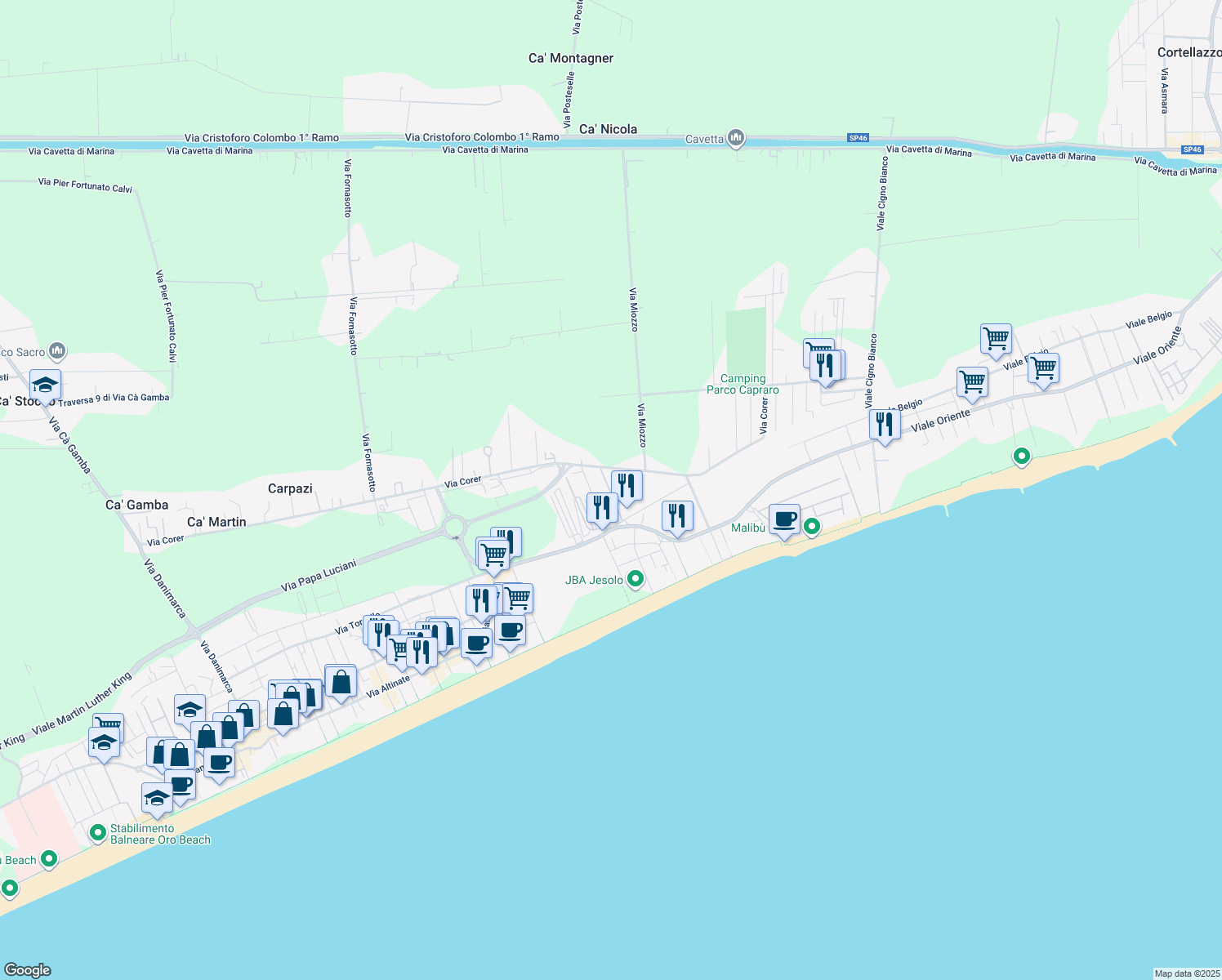 map of restaurants, bars, coffee shops, grocery stores, and more near 19 Via Gattamelata in Lido di Jesolo