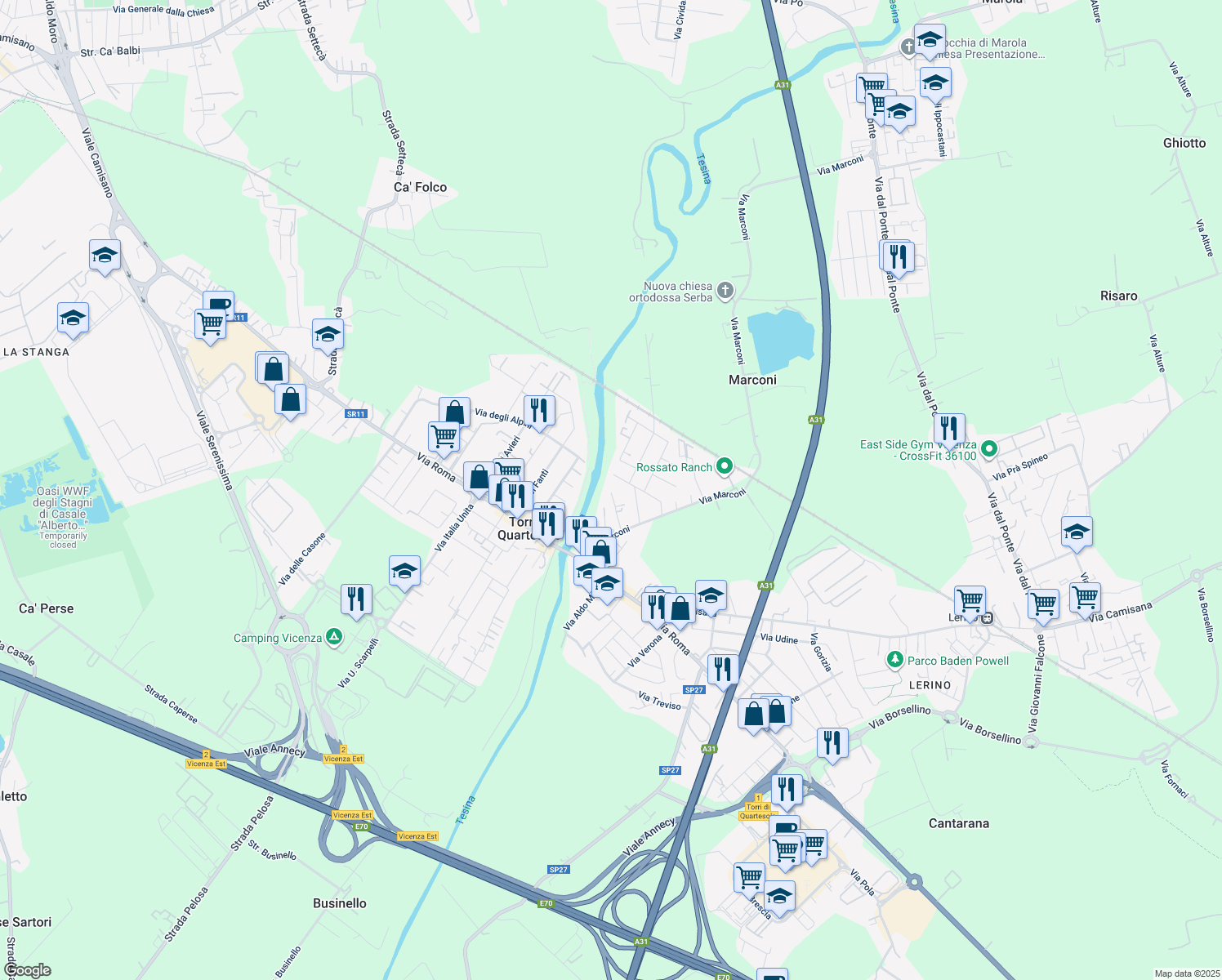 map of restaurants, bars, coffee shops, grocery stores, and more near 41 Via dei Marinai in Torri di Quartesolo