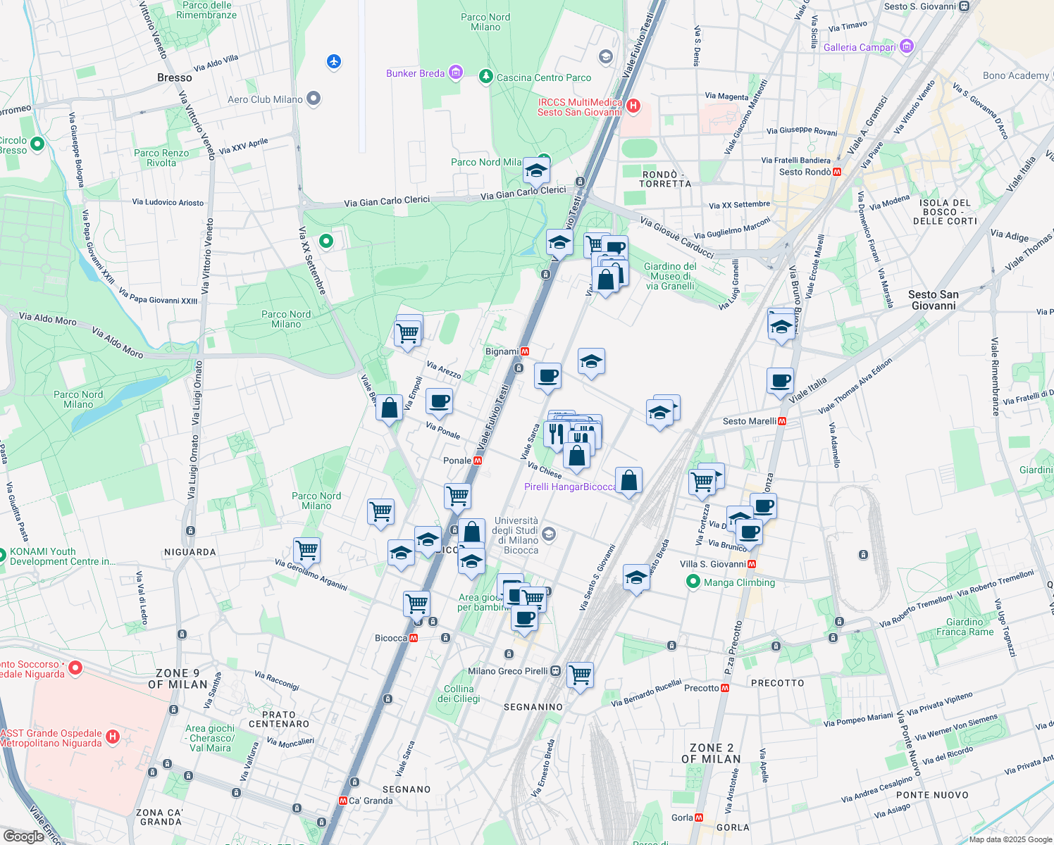 map of restaurants, bars, coffee shops, grocery stores, and more near 235 Viale Sarca in Milano