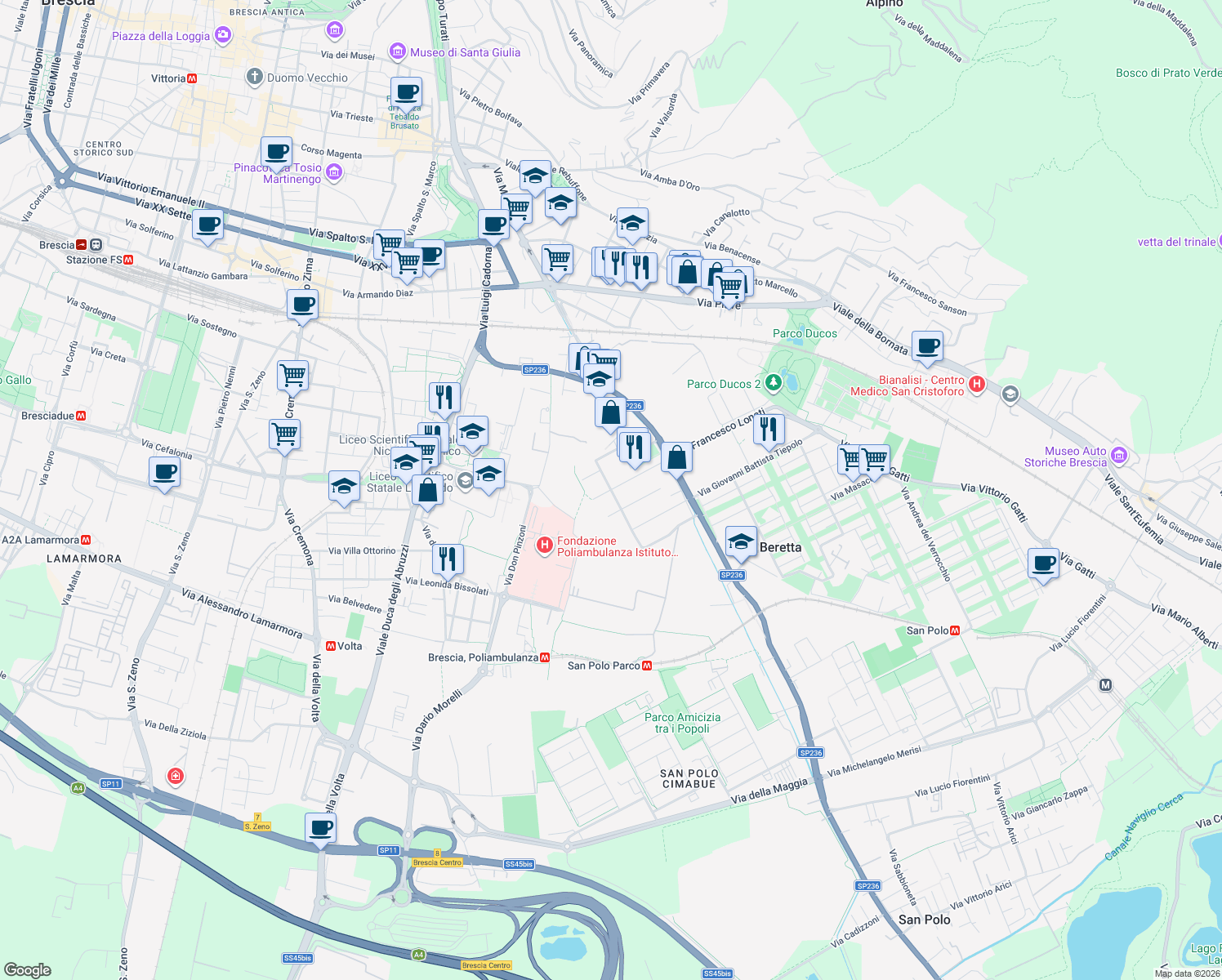 map of restaurants, bars, coffee shops, grocery stores, and more near 45 Via Paolo Veronese in Brescia