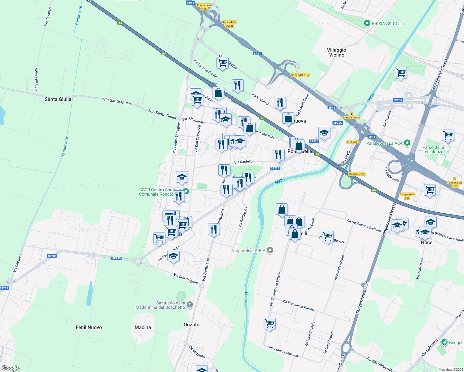 map of restaurants, bars, coffee shops, grocery stores, and more near 28 Via E. Braghini in Roncadelle