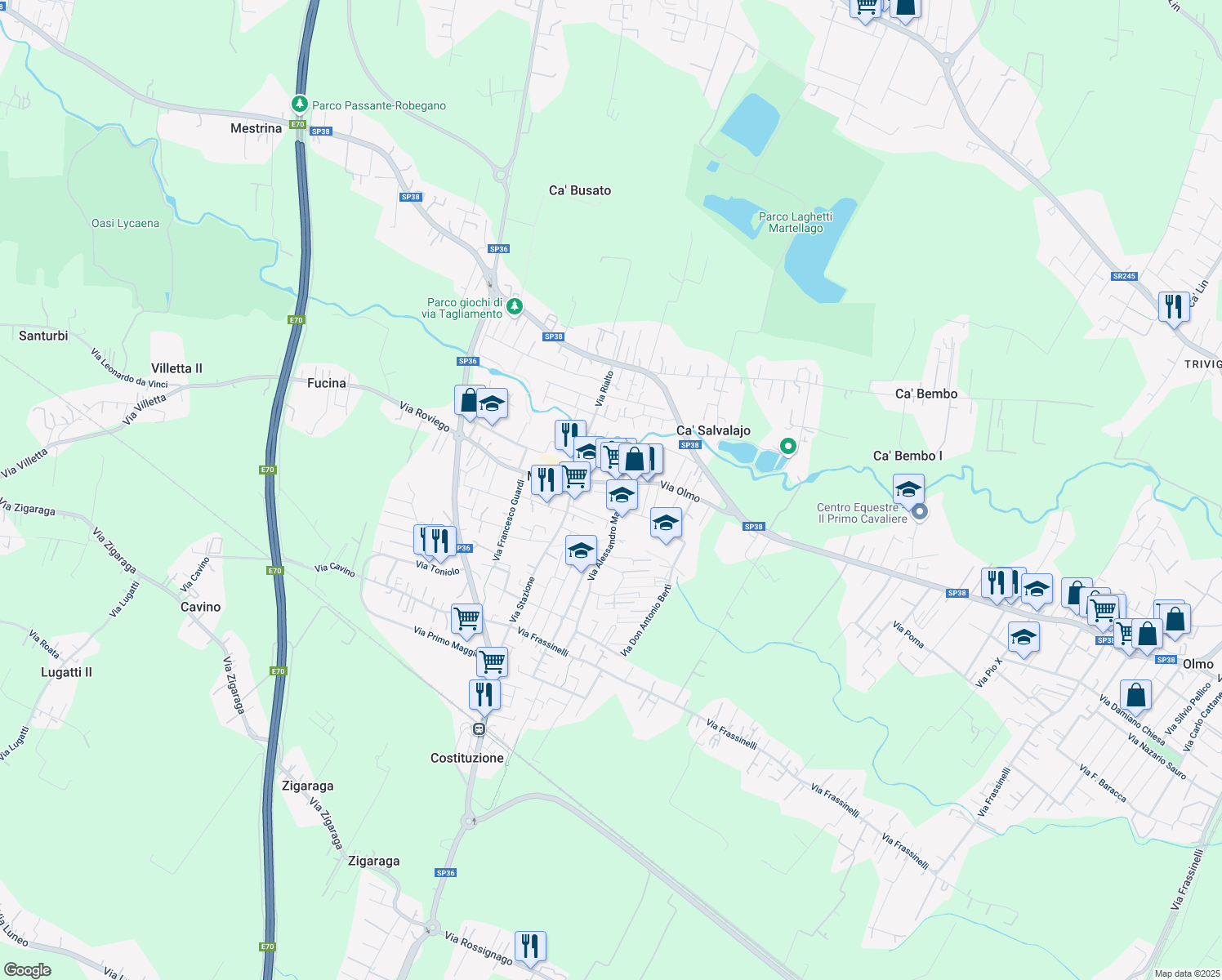 map of restaurants, bars, coffee shops, grocery stores, and more near 46A Piazza IV Novembre in Maerne