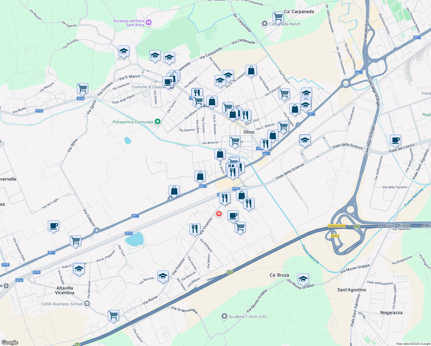 map of restaurants, bars, coffee shops, grocery stores, and more near 14 Via Marco Polo in Creazzo