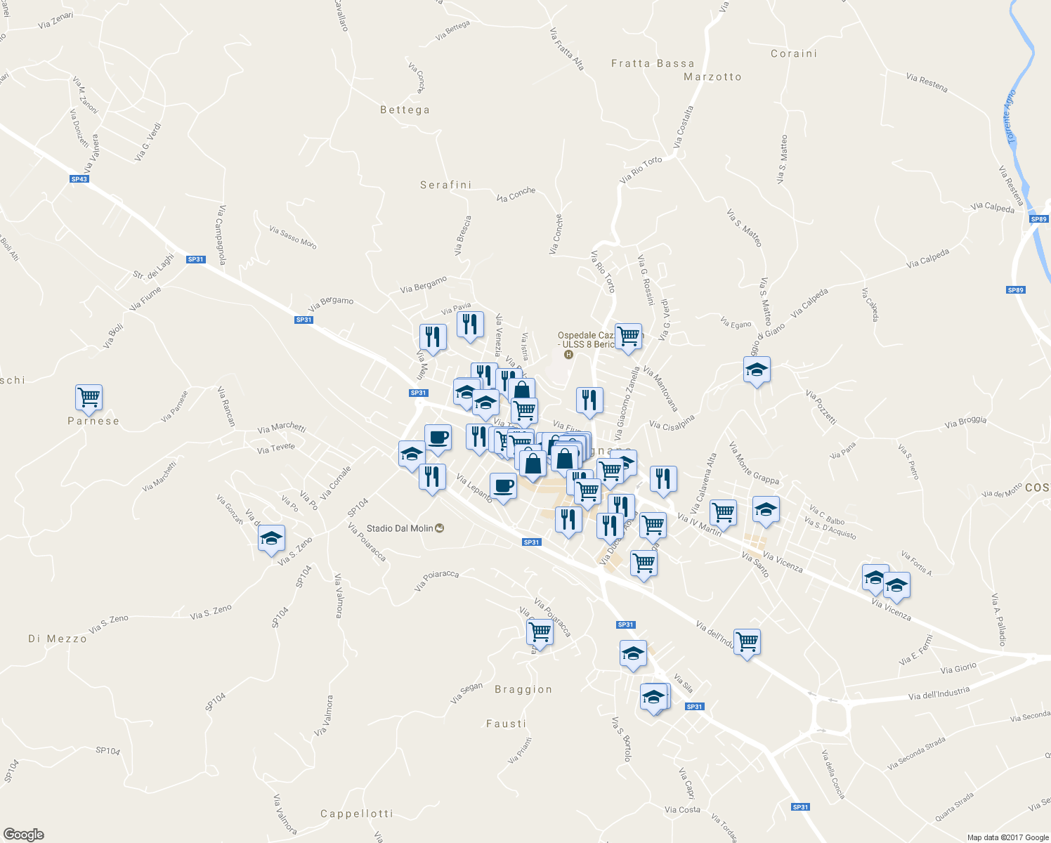 map of restaurants, bars, coffee shops, grocery stores, and more near 6 Via Isonzo in Arzignano