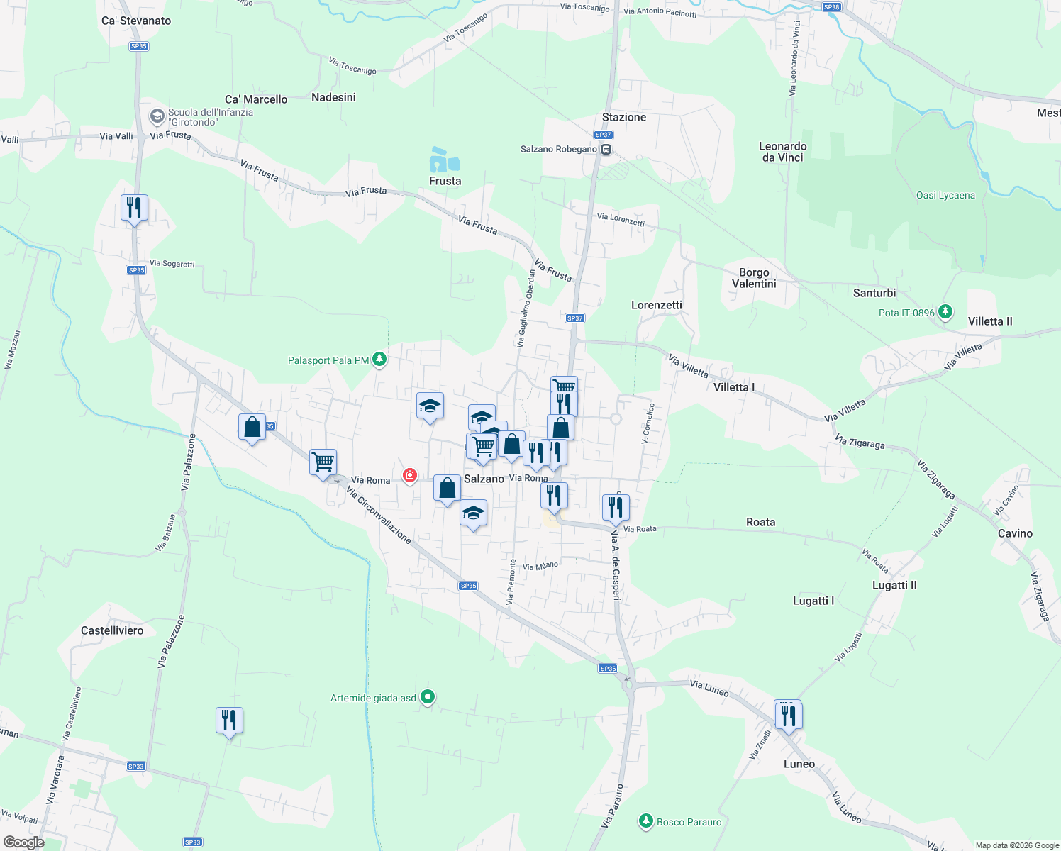 map of restaurants, bars, coffee shops, grocery stores, and more near 38 Via Giulio Cesare in Salzano