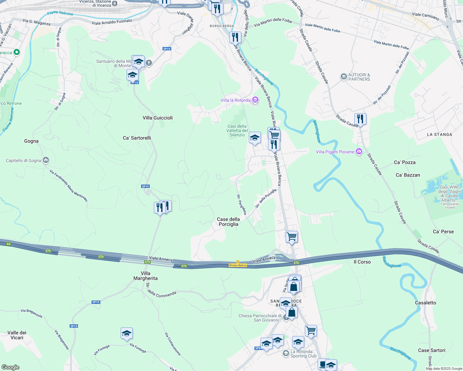 map of restaurants, bars, coffee shops, grocery stores, and more near 125 Strada Pergoletta in Vicenza