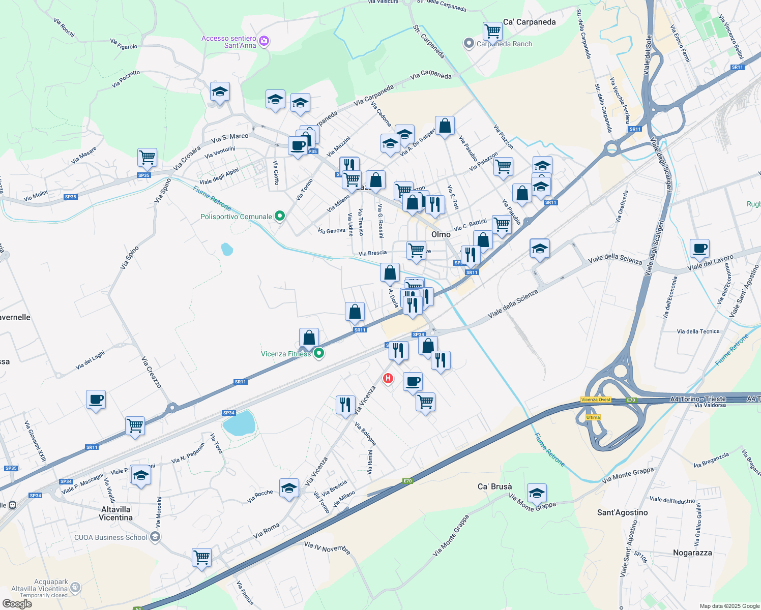 map of restaurants, bars, coffee shops, grocery stores, and more near 14 Via M. Polo in Creazzo