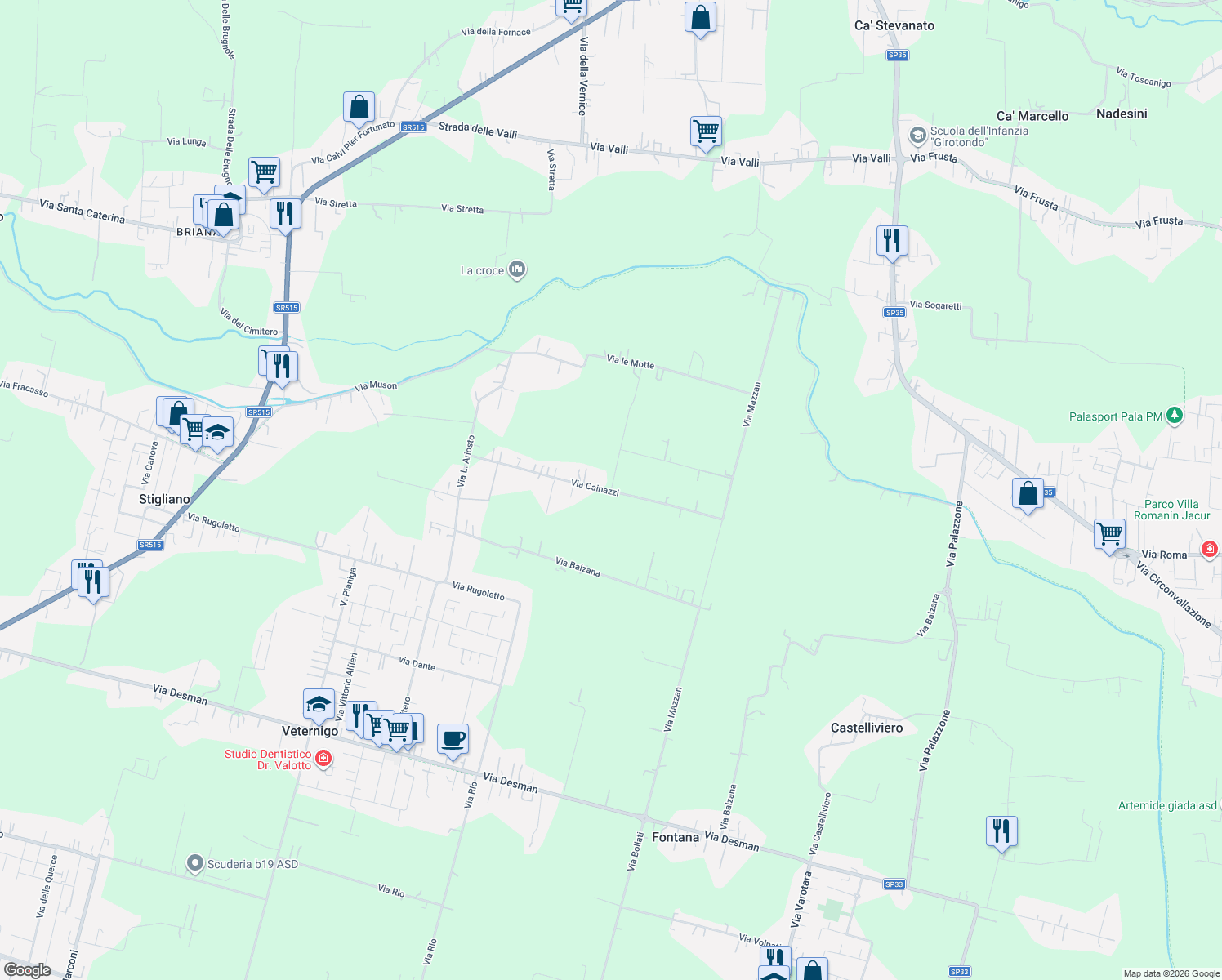 map of restaurants, bars, coffee shops, grocery stores, and more near 33A Via Cainazzi in Città Metropolitana di Venezia