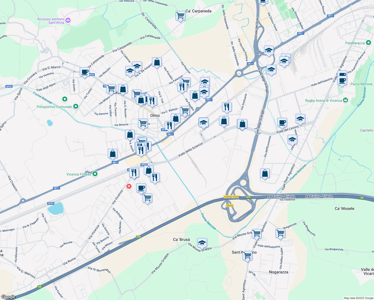 map of restaurants, bars, coffee shops, grocery stores, and more near 54 Viale della Scienza in Vicenza