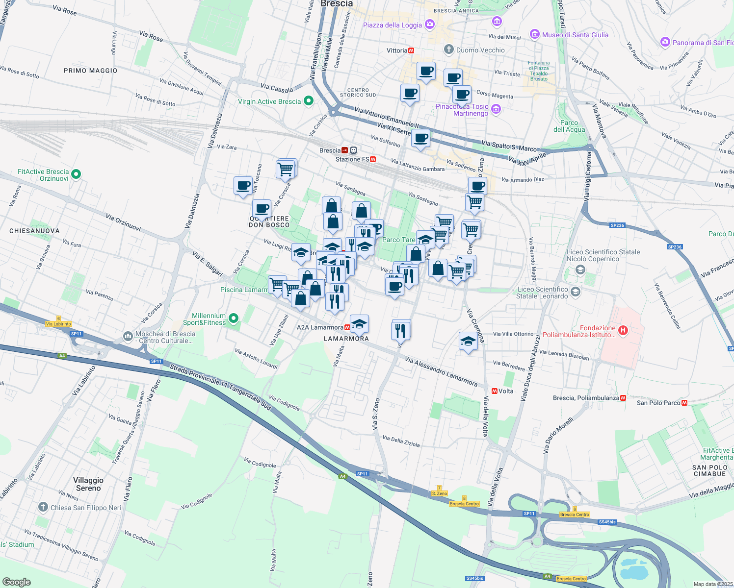 map of restaurants, bars, coffee shops, grocery stores, and more near 40 Via Aldo Moro in Brescia