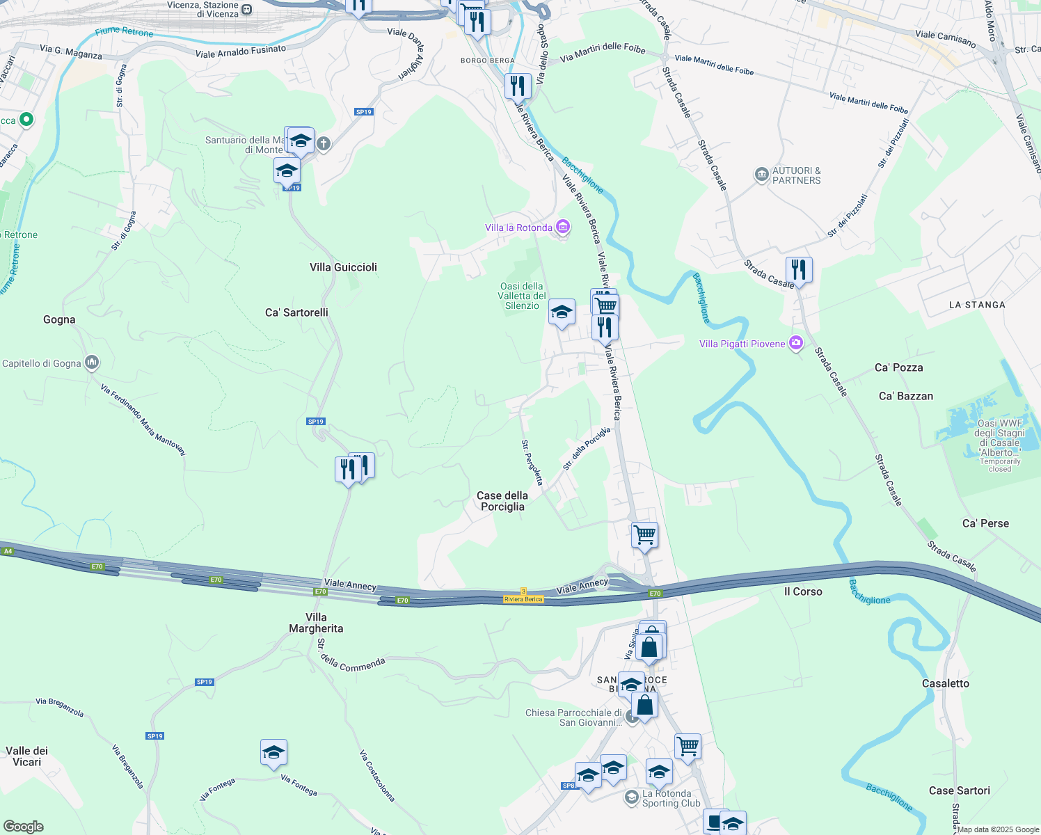 map of restaurants, bars, coffee shops, grocery stores, and more near 125 Strada Pergoletta in Vicenza