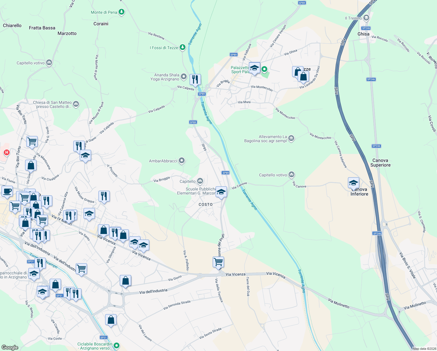 map of restaurants, bars, coffee shops, grocery stores, and more near 32 Via Vignaga in Arzignano