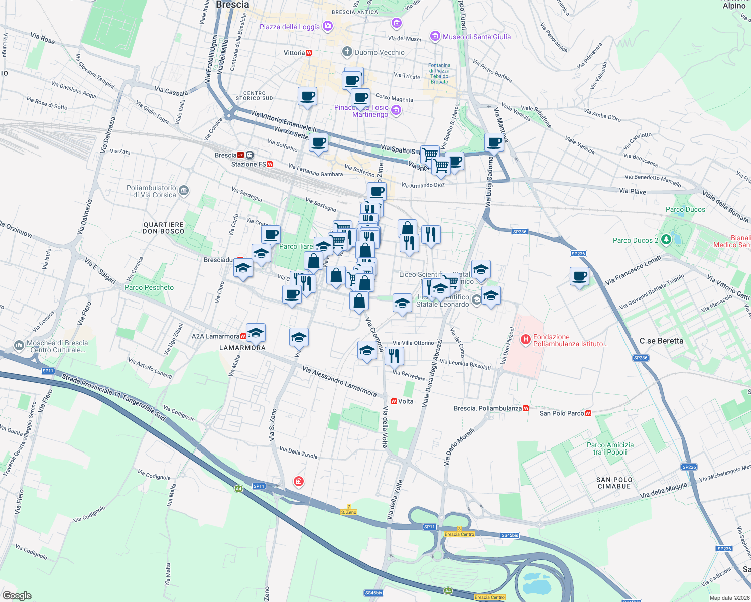 map of restaurants, bars, coffee shops, grocery stores, and more near 110 Via Repubblica Argentina in Brescia